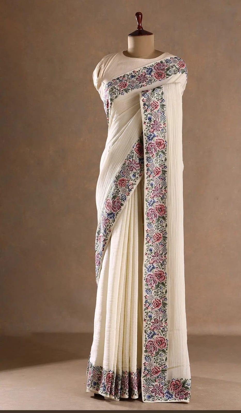 Off White Silk Desginer Saree with Resham Embroidery