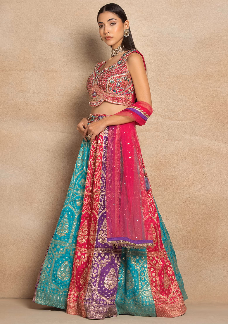 Multicolour Sequin Zari Embellished Lehenga Set With Embellished Blouse And Dupatta