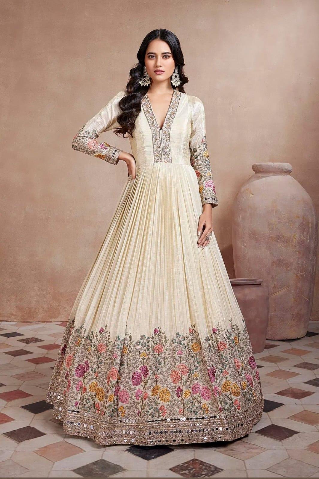 Cream Crepe Anarkali Salwar with Resham Work and Deep V Neck