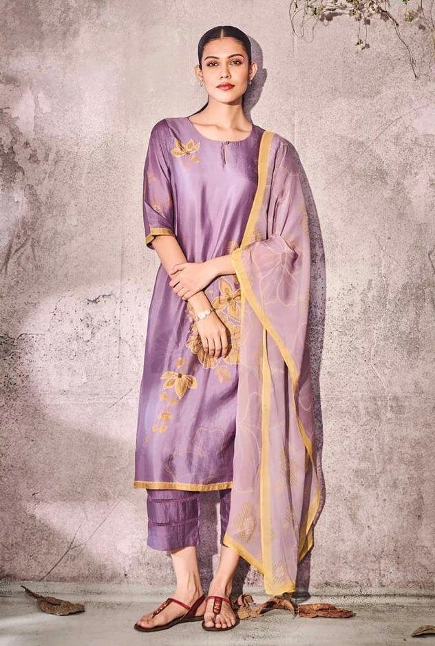Lavender Printed  Kurti with Straight Cut Pant and Dupatta