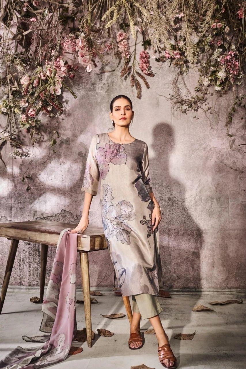 Grey Printed  Kurti with Straight Cut Pant and Dupatta