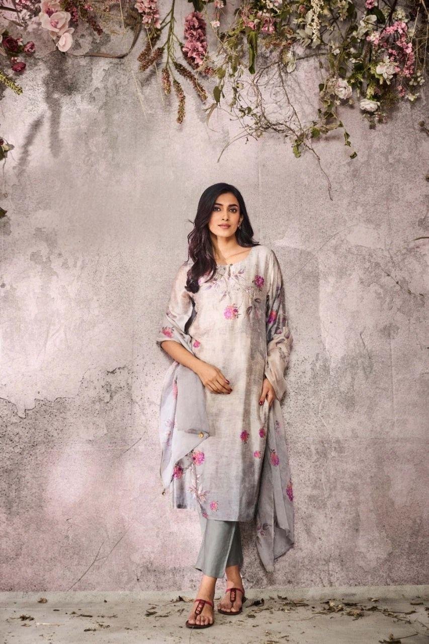 Grey Printed Kurti with Straight Cut Pant and Dupatta