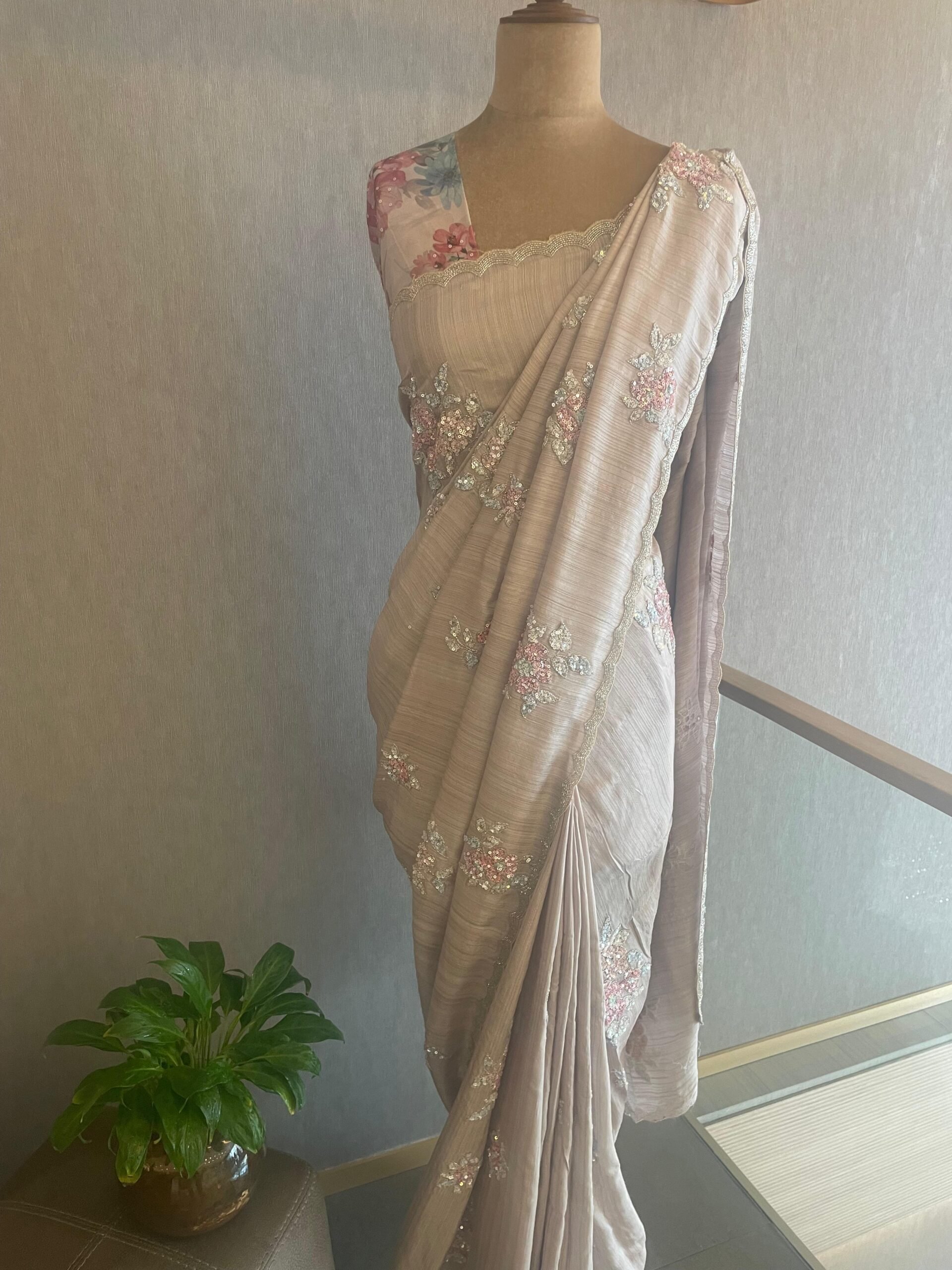 Light Lilac Sequins Embroidered Crushed Tissue Designer Saree with Unstitched Blouse