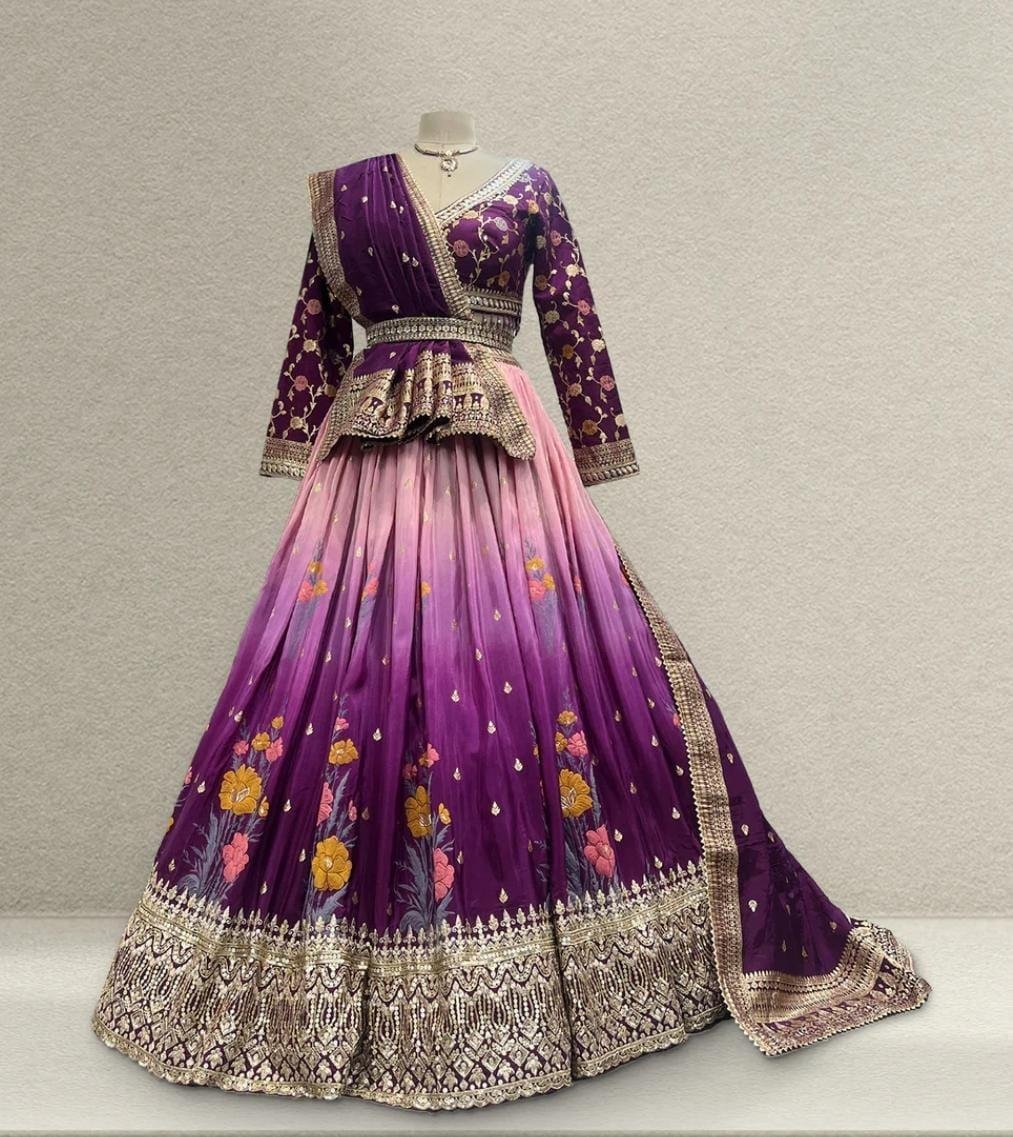Shringaar : position print silk lengha with work blouse ready to wear