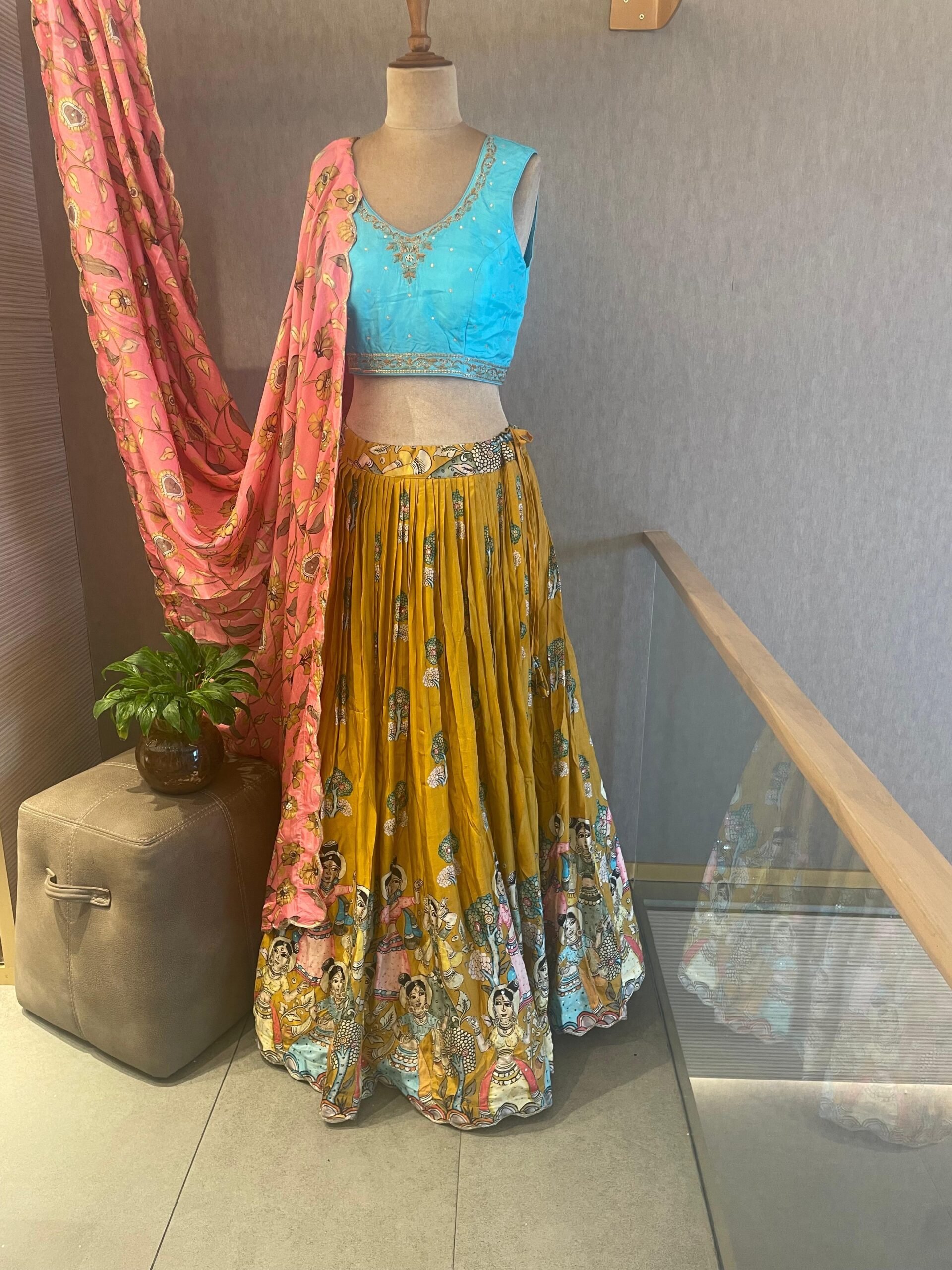Firozi yellow floral kalamkari digital printed croptop