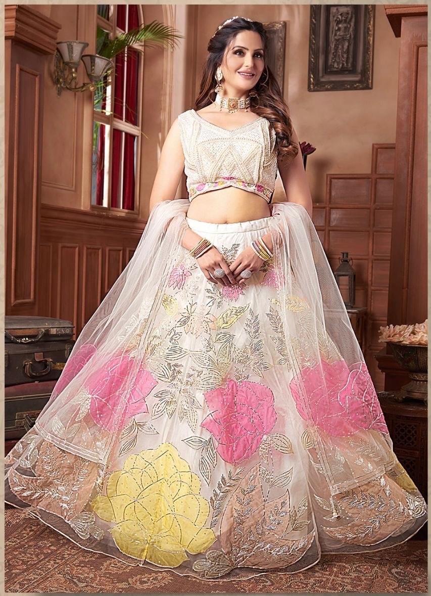 Designer Off White Floral Netted Heavy Pearls work Crop Top and Lehenga Set