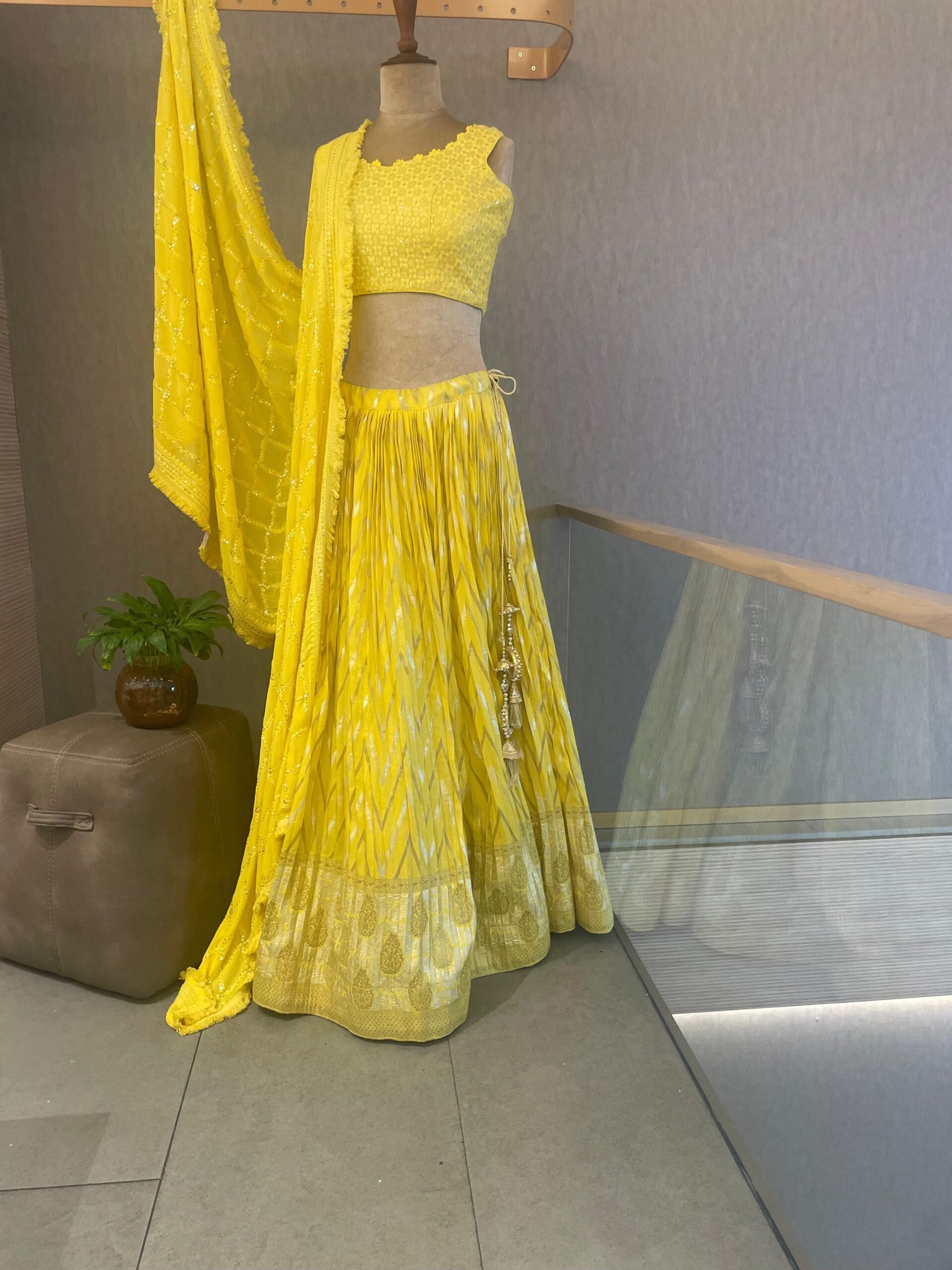 Yellow Dola Silk Lehenga Choli with Chikankari Work