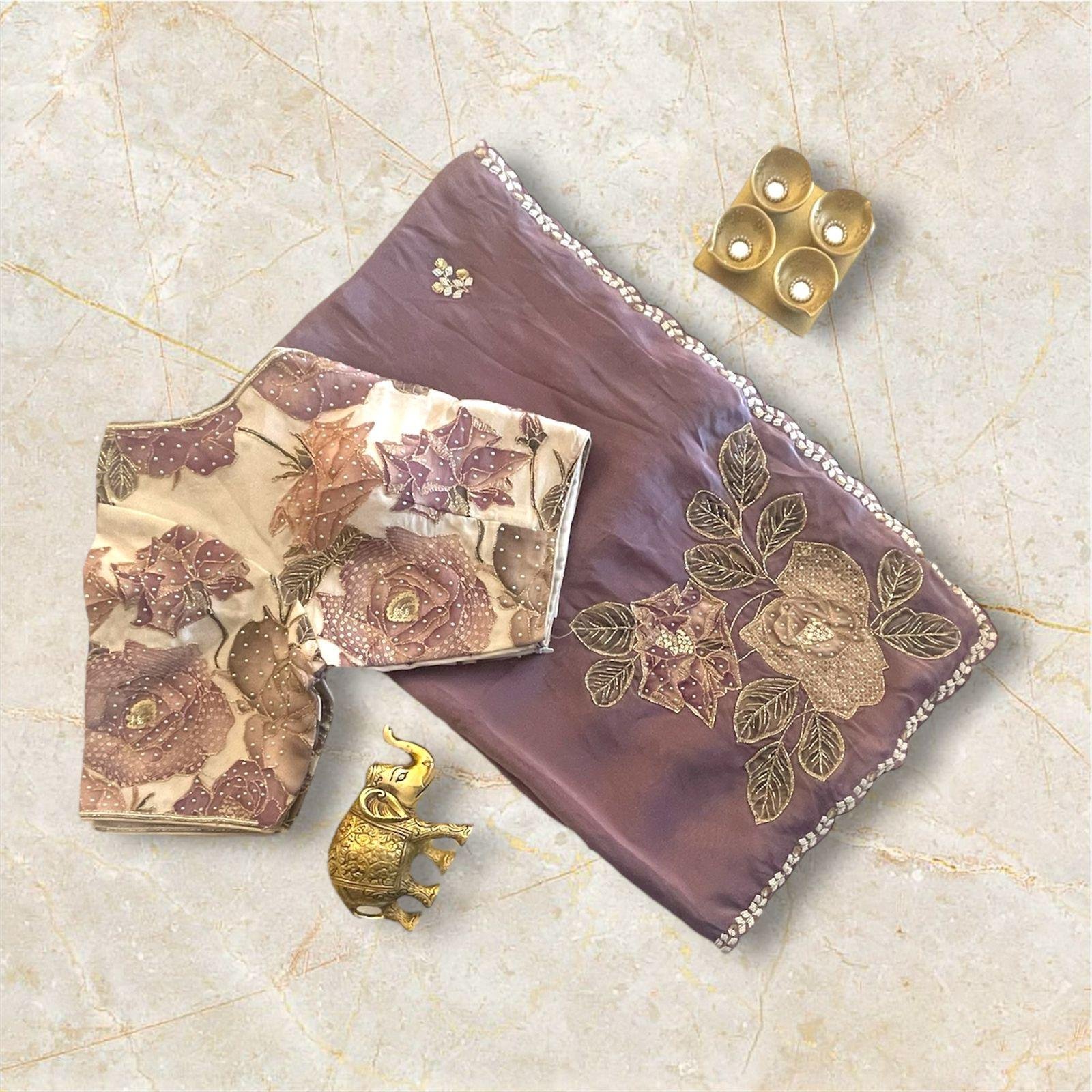 LAVENDER PARTY WEAR SAREE WITH READYMADE BLOUSE