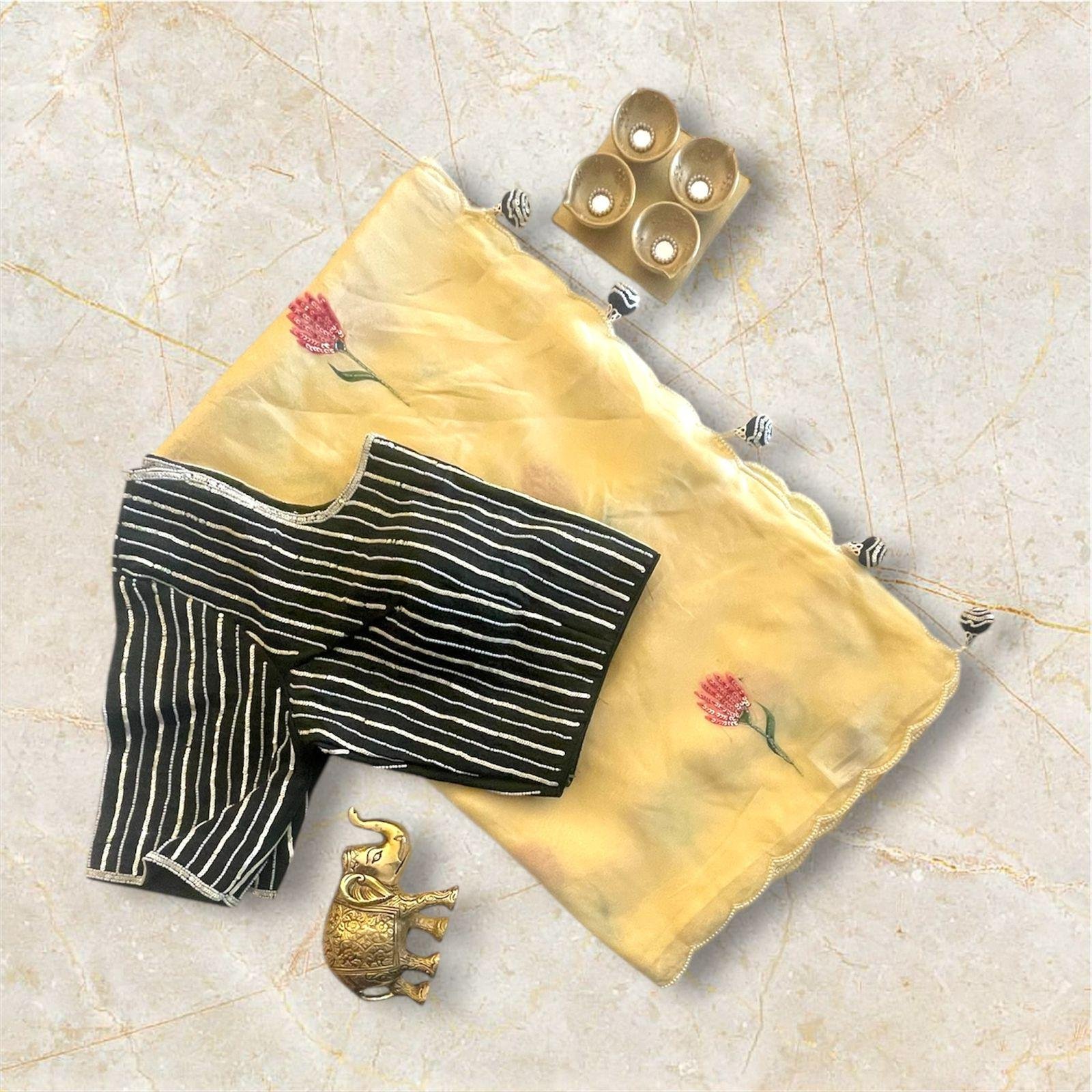 YELLOW PARTY WEAR SAREE WITH READYMADE BLOUSE