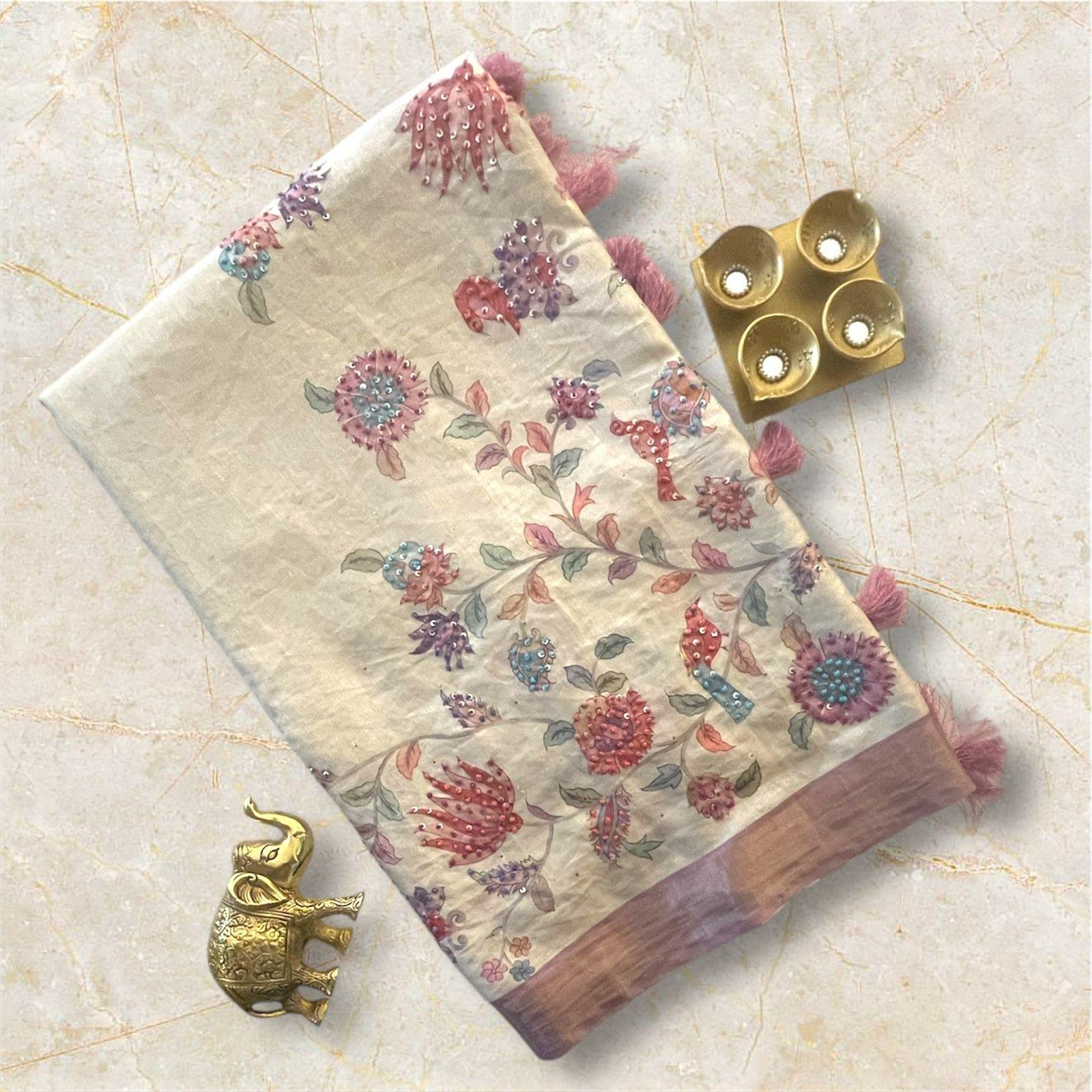 CREAM EMDORIDERY WORK SILK SAREE