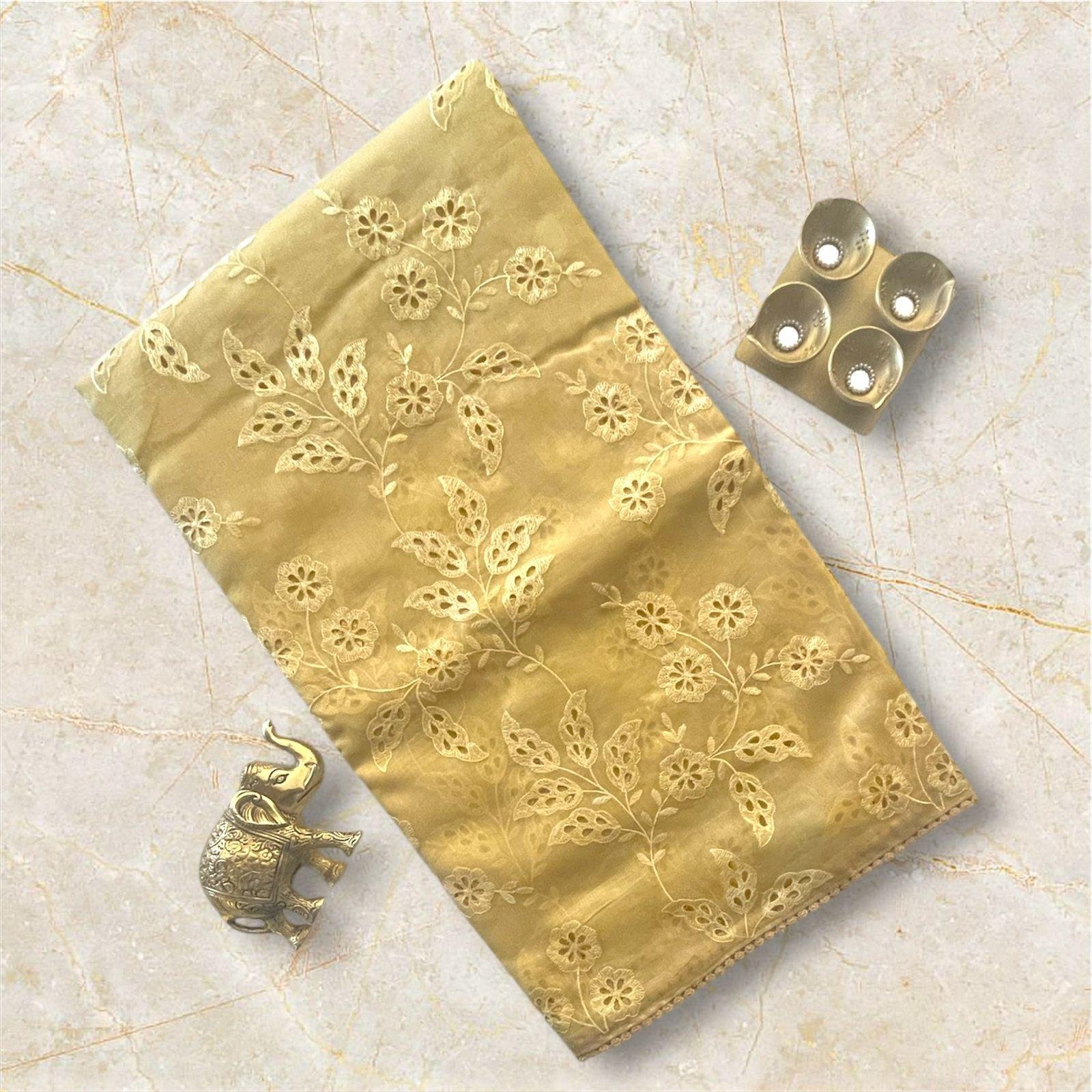CUT EMDERODERY CHANDARI YELLOW SAREE