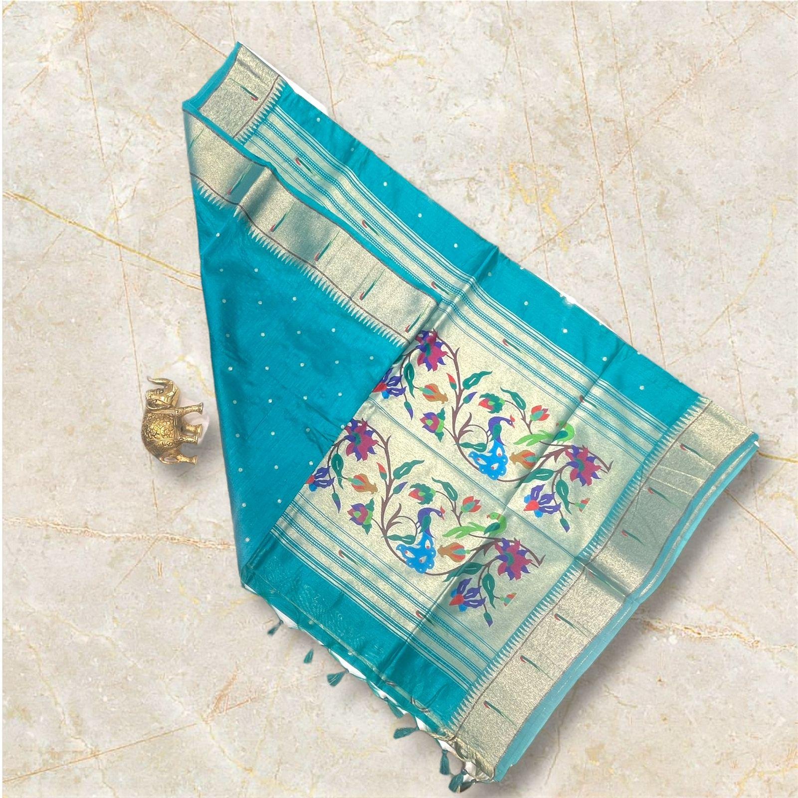 paithani mulberry silk  turquoise blue saree