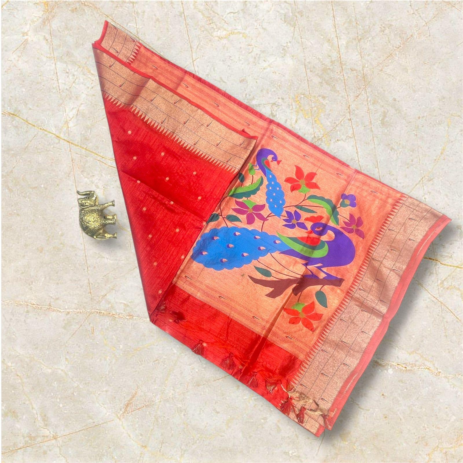 paithani mulberry silk turquoise red saree