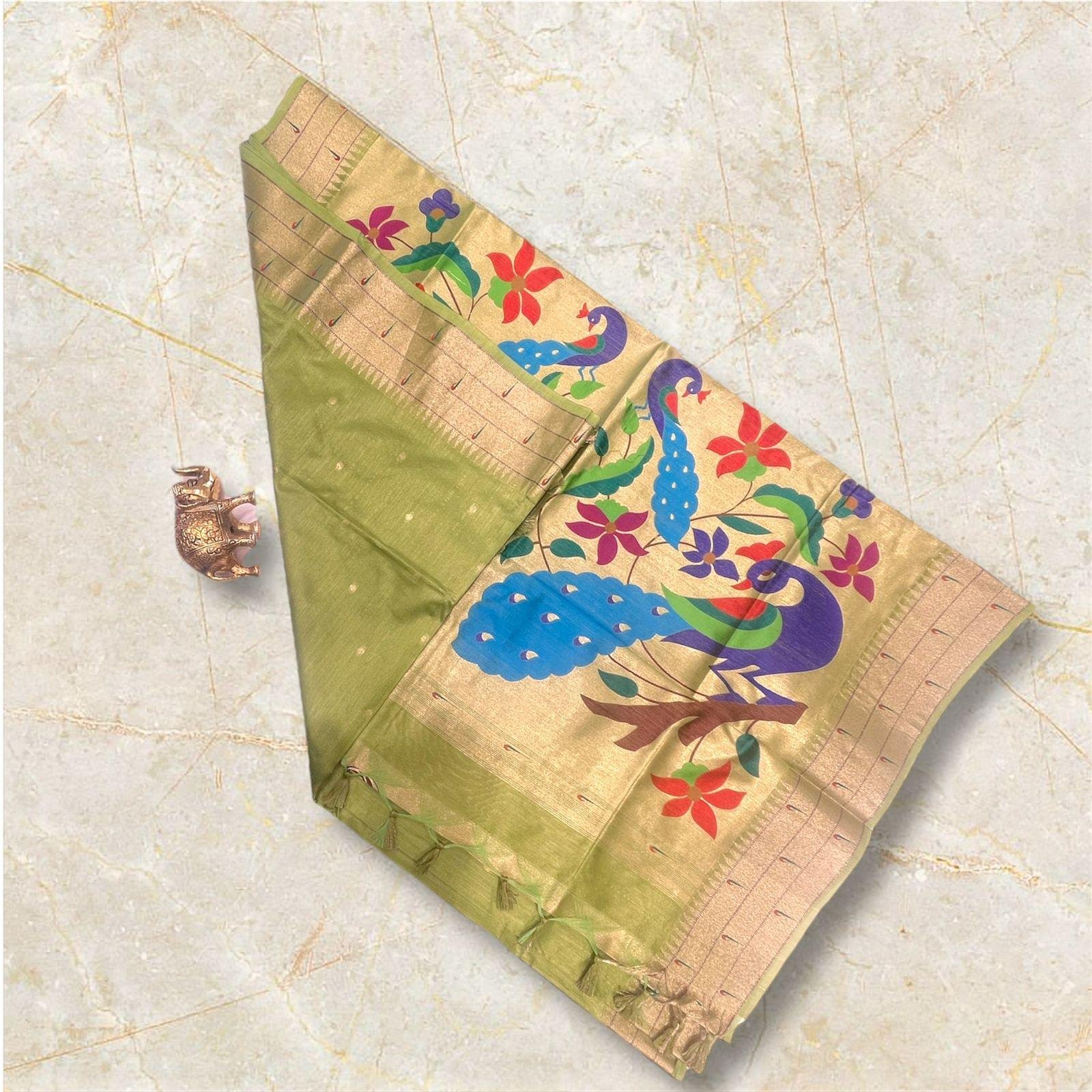 paithani mulberry silk olive green saree
