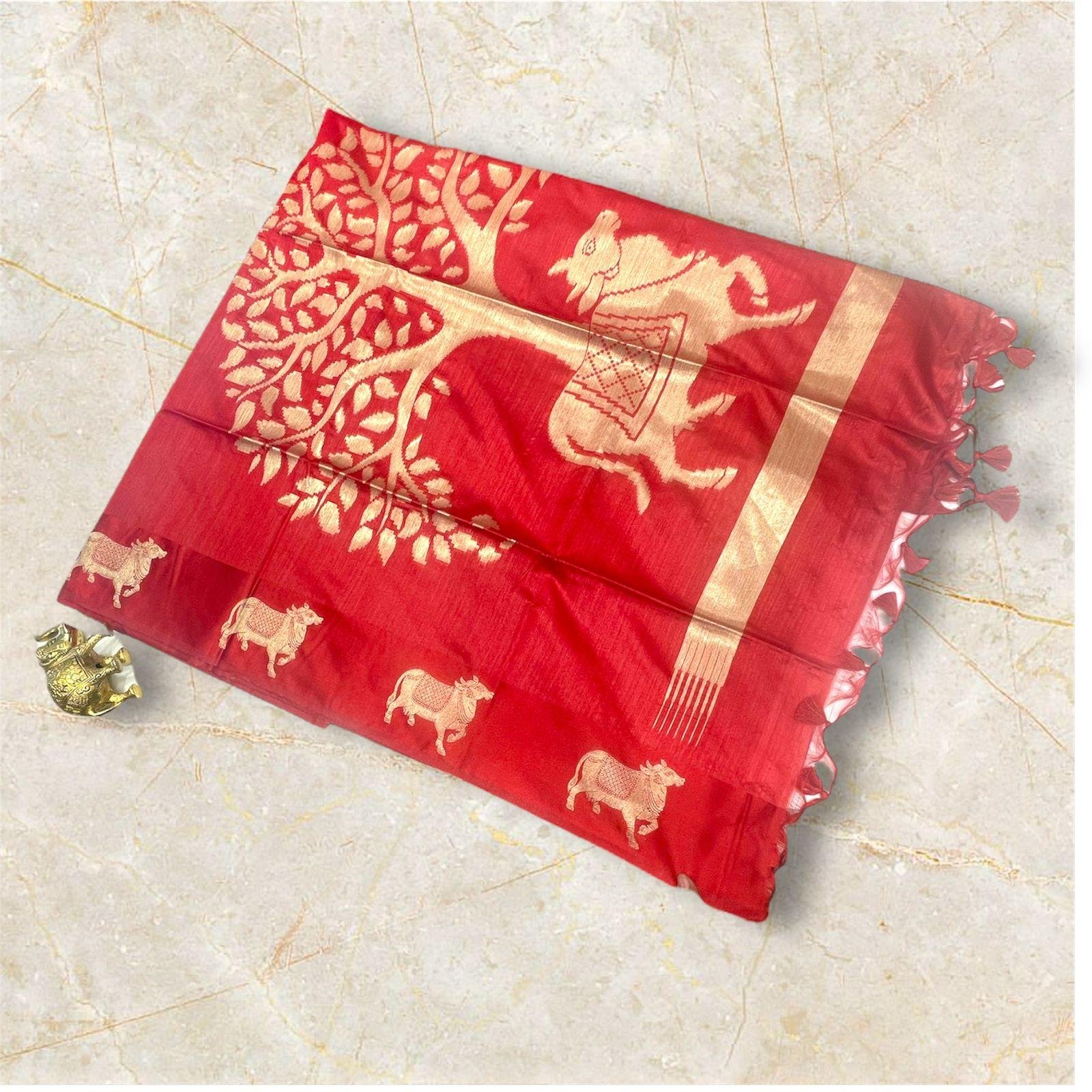 Red Cow Motif  kanchipuram silk Saree