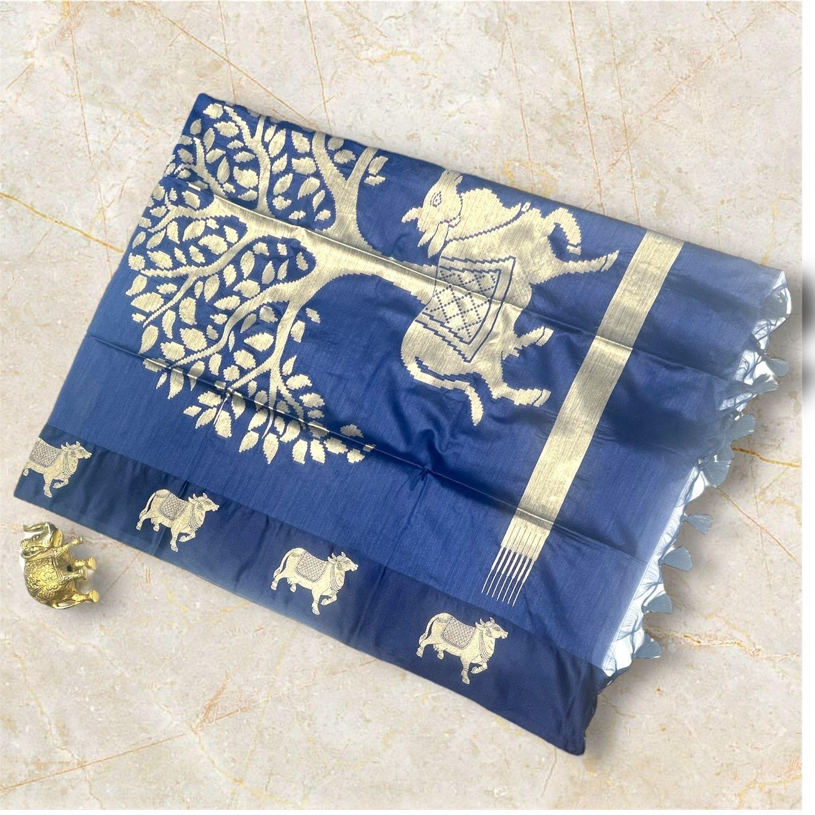 Navy Blue Cow Motif kanchipuram silk  Saree