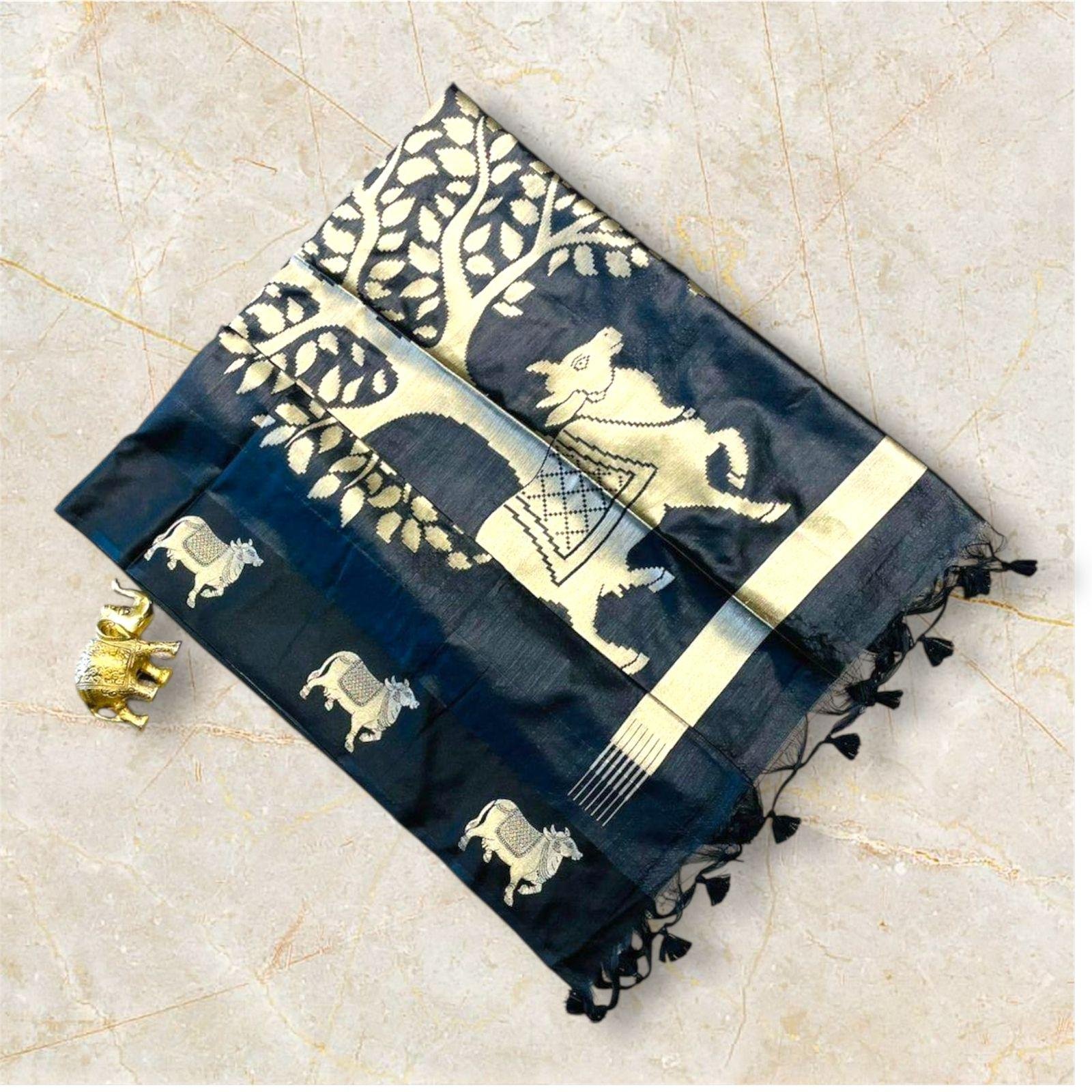 Black Cow Motif kanchipuram silk Saree