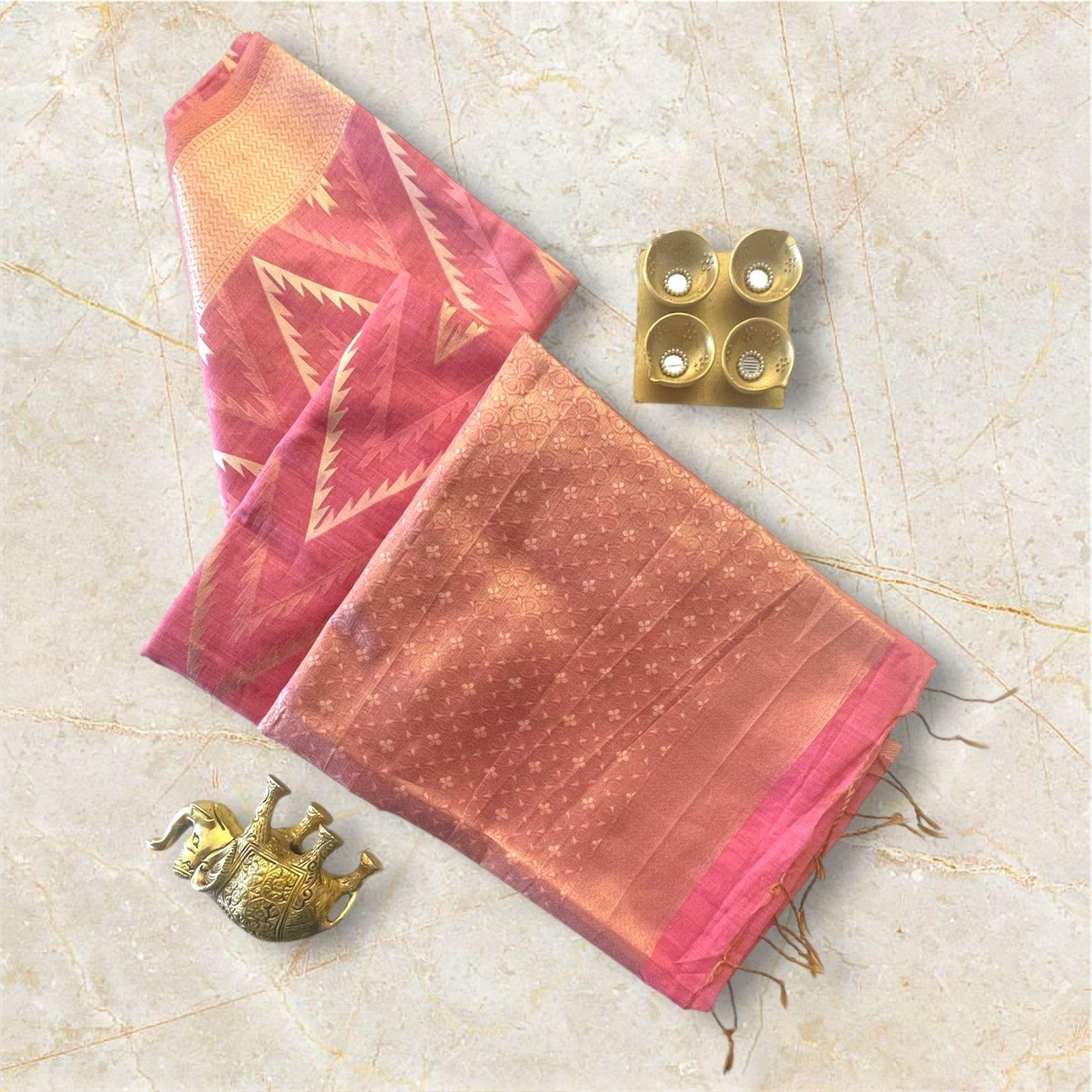 Rose Pink with Copper Gold chandari silk saree
