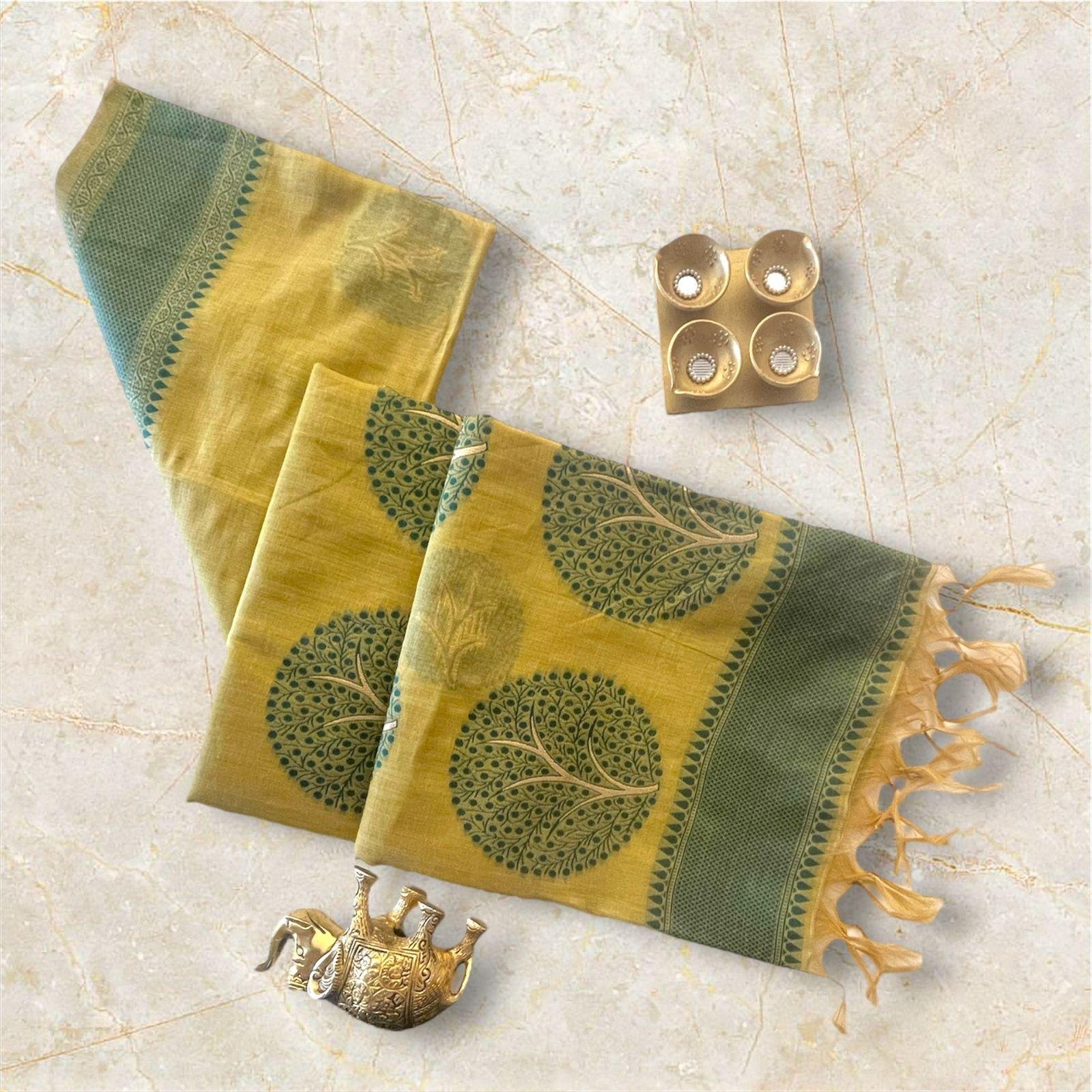 MUSTARD YELLOW with batik veaving chandari silk saree