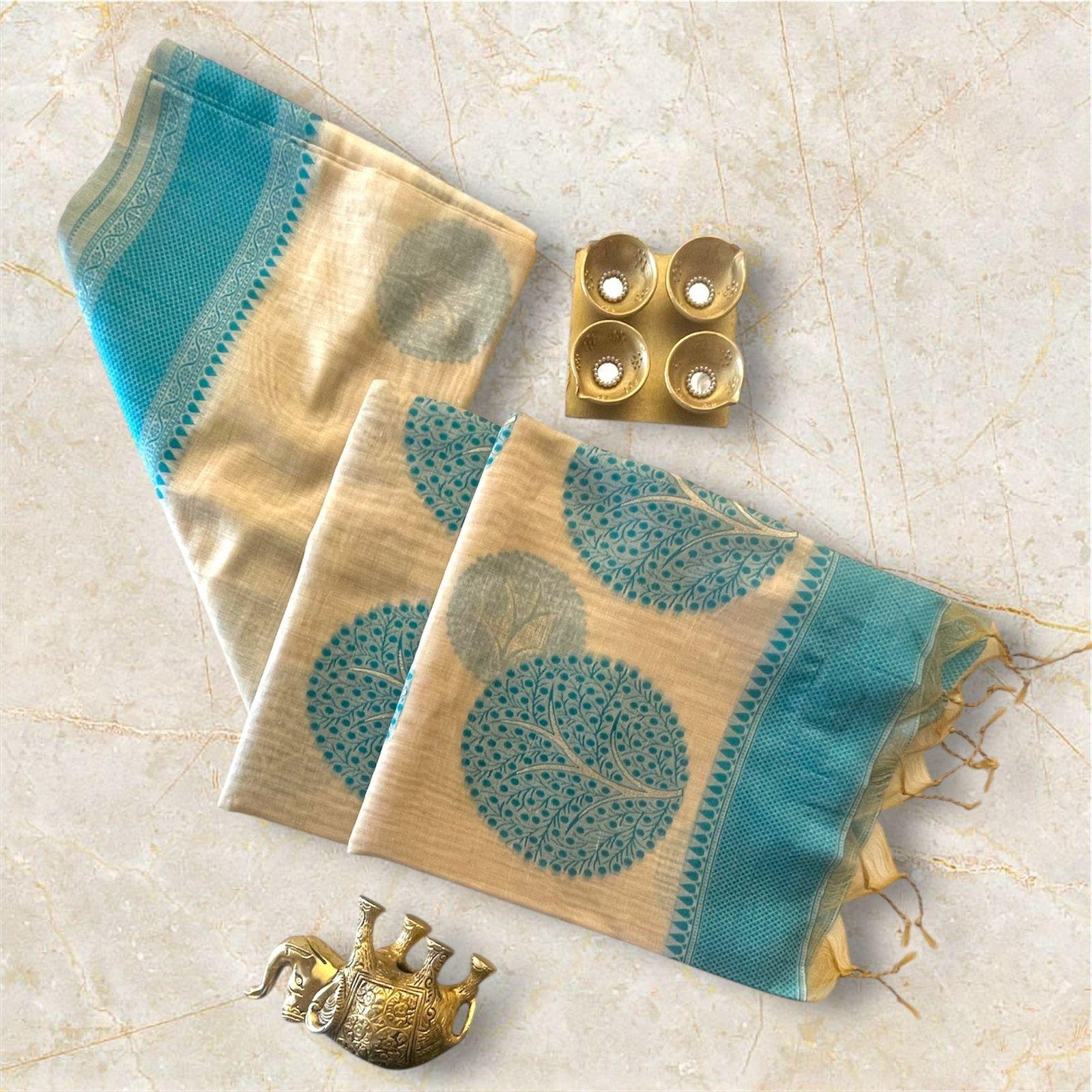 Turquoise blue with batik veaving chandari silk saree