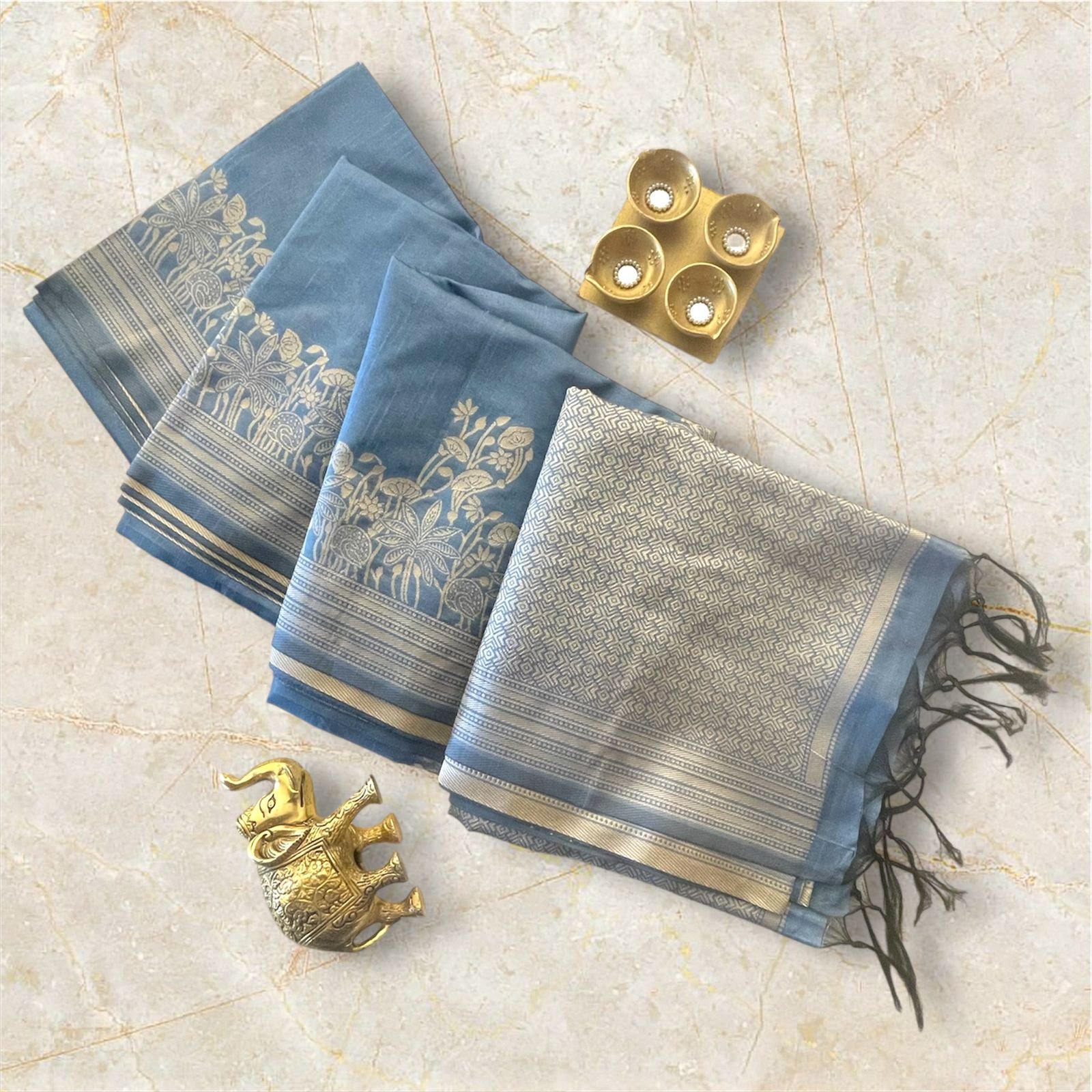 Slate Blue Jacquard Silk Saree