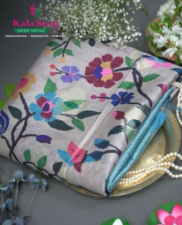 Grey TUSSER Silk Saree with Multicolor Floral Weaves
