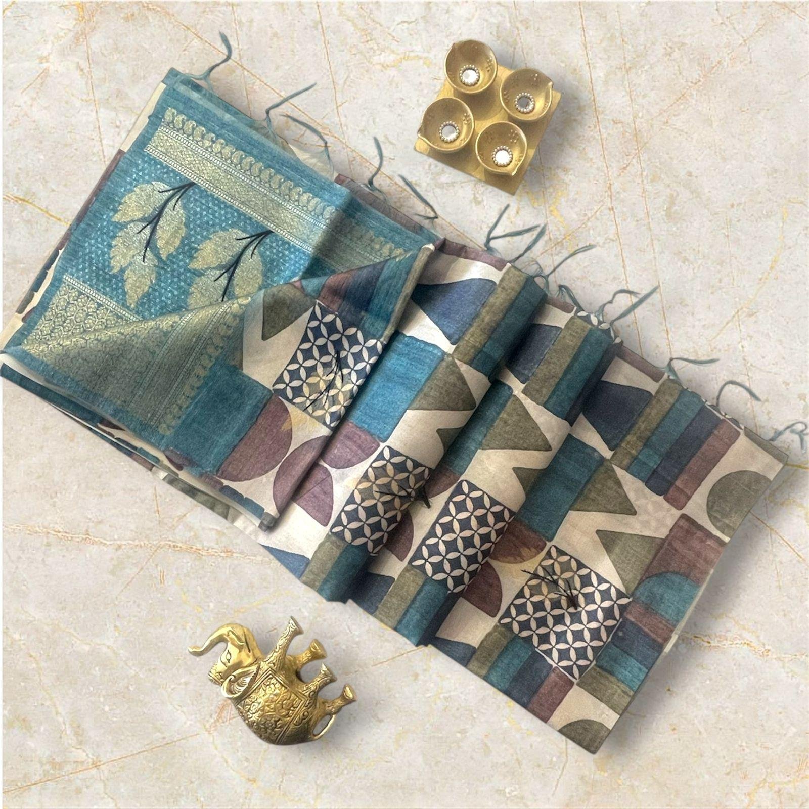 Contemporary Block-Print Style TUSSER Silk  Saree in Earthy Tones