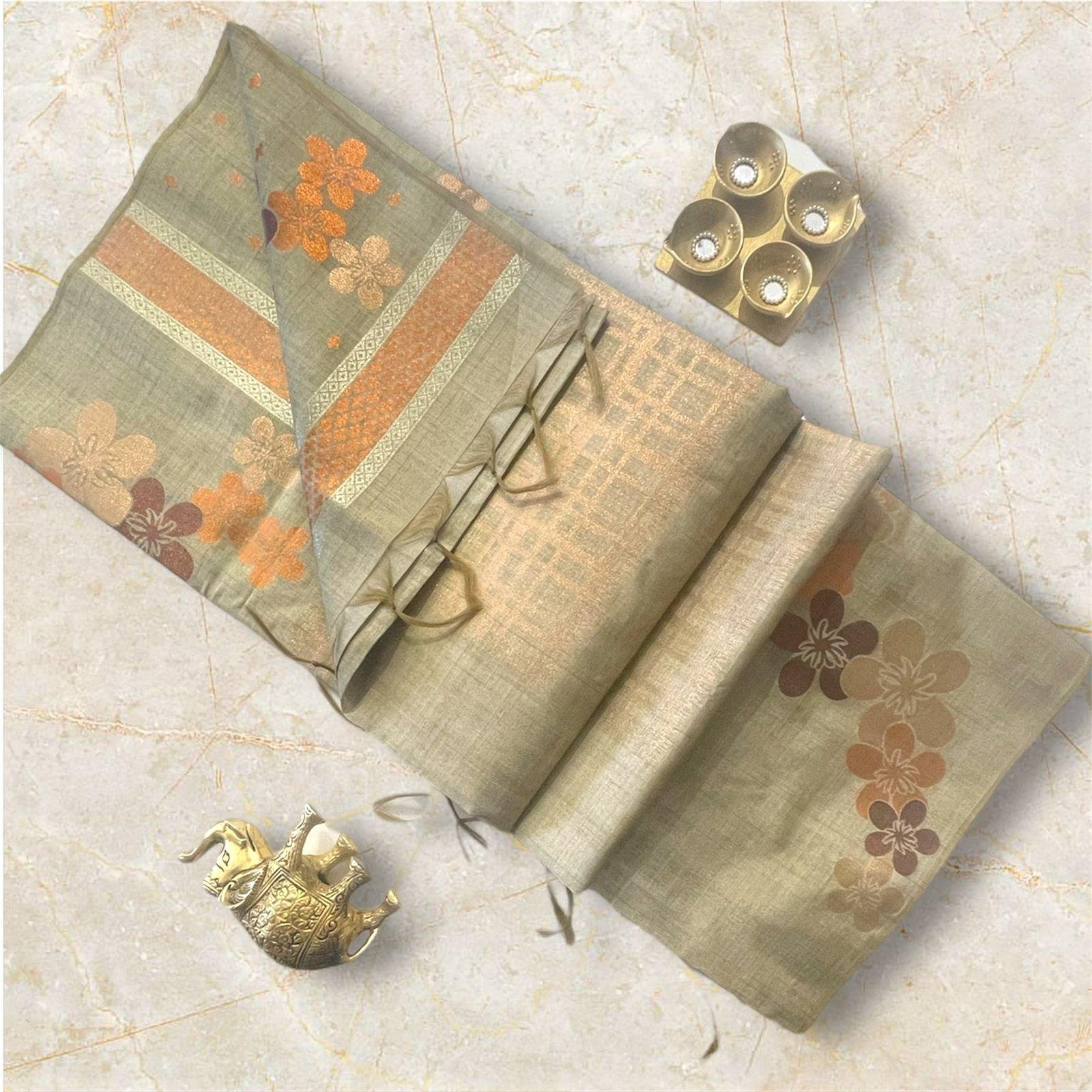 Pastel Olive TUSSER Silk  Saree with Floral Zari Highlights