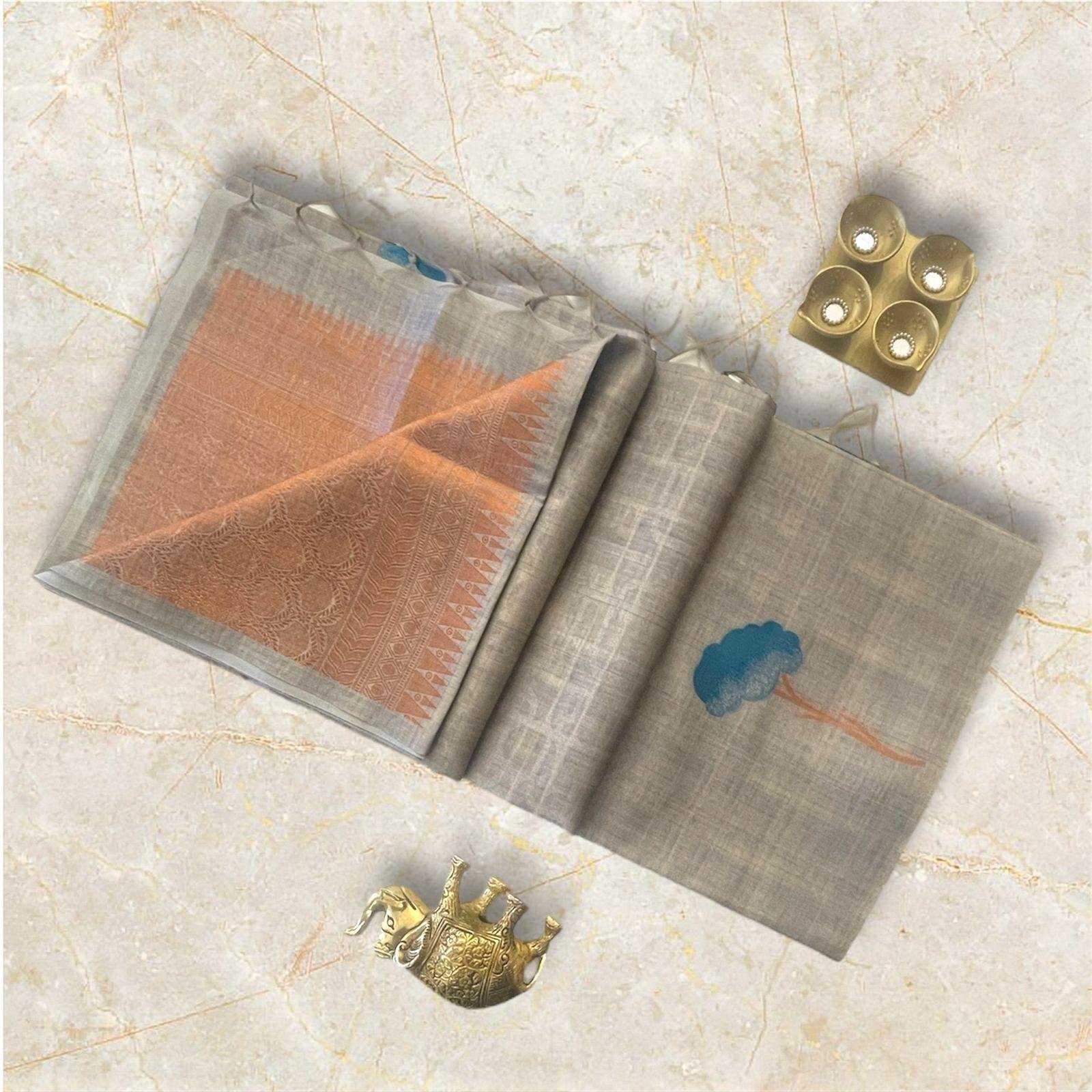 Grey-Beige Linen TUSSER Silk  Saree with Tree Motif & Copper Pallu
