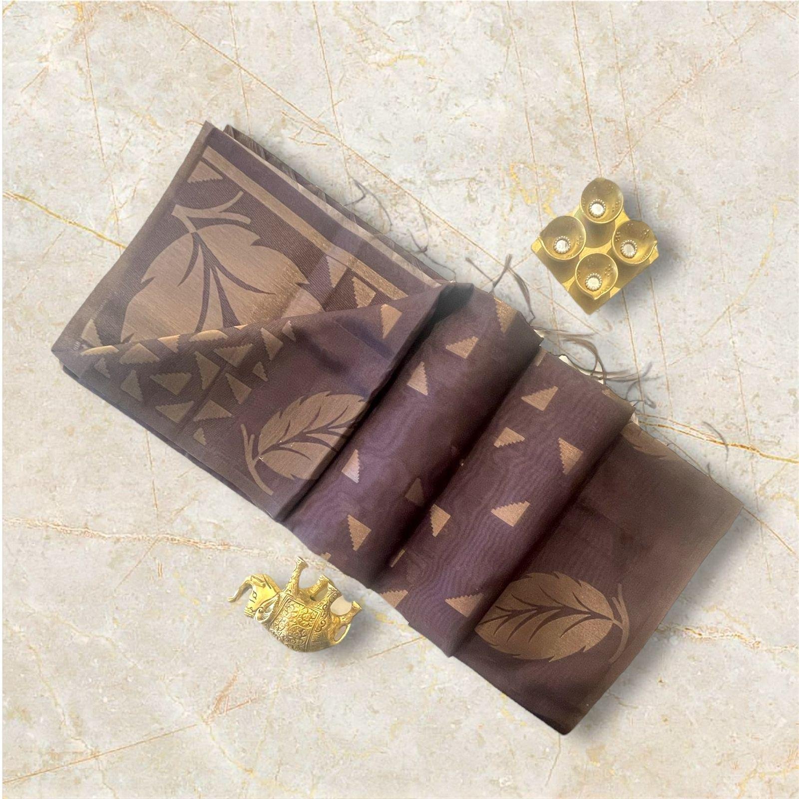 Chocolate Brown TUSSER Silk Saree with Gold Leaf Motifs