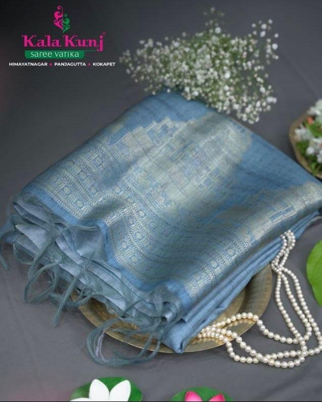 Soft Blue TUSSER Silk  Saree with Golden Zari Weaving