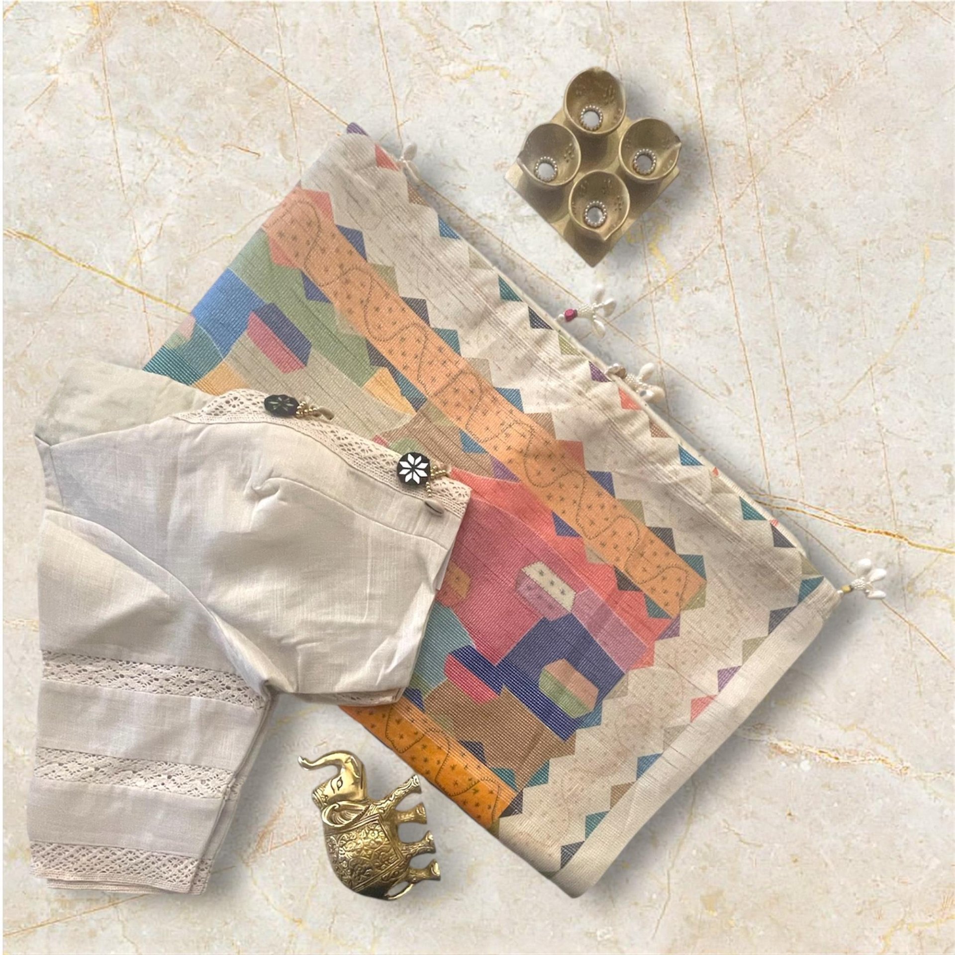 Beige Handloom Saree with Geometric Pallu