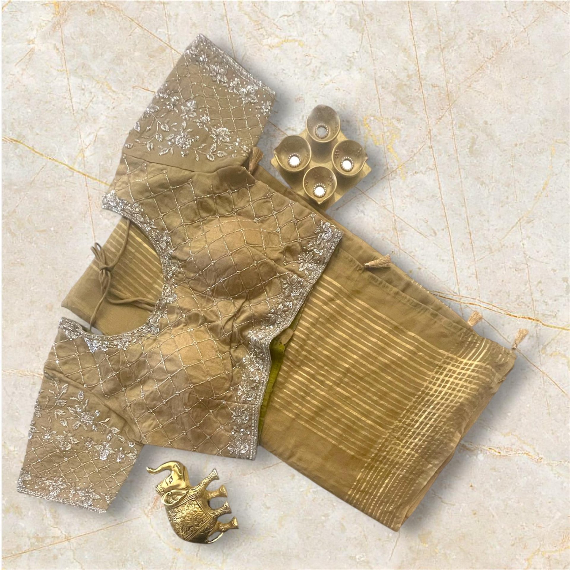 Golden Beige Saree with Embroidered Blouse