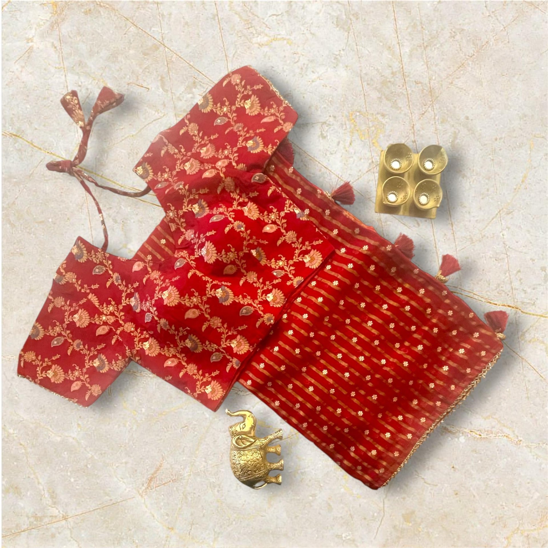 Red Saree with Floral Blouse