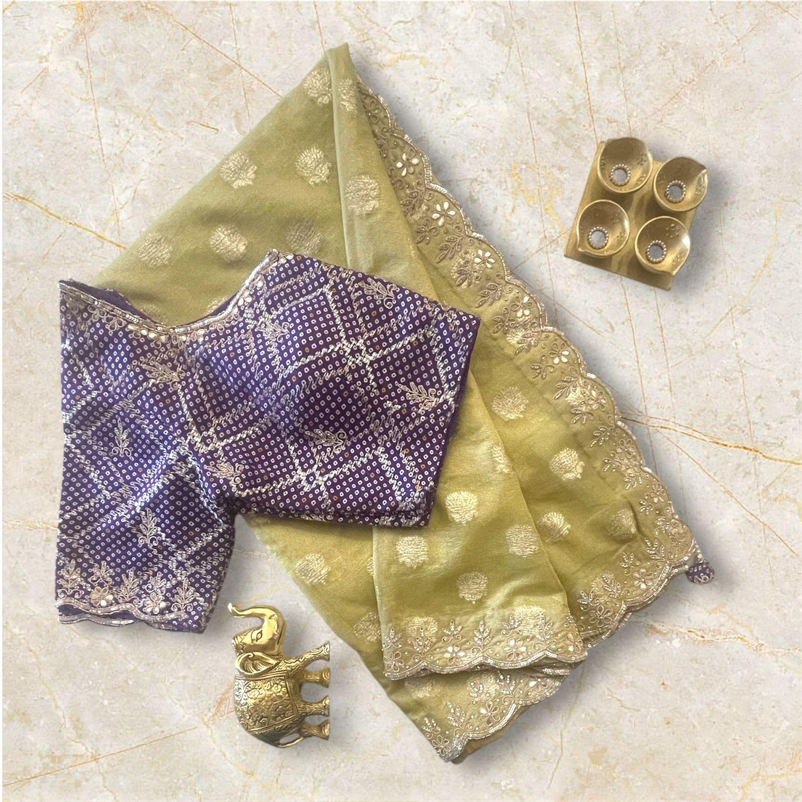 Purple Brocade Blouse with Olive-Gold Saree