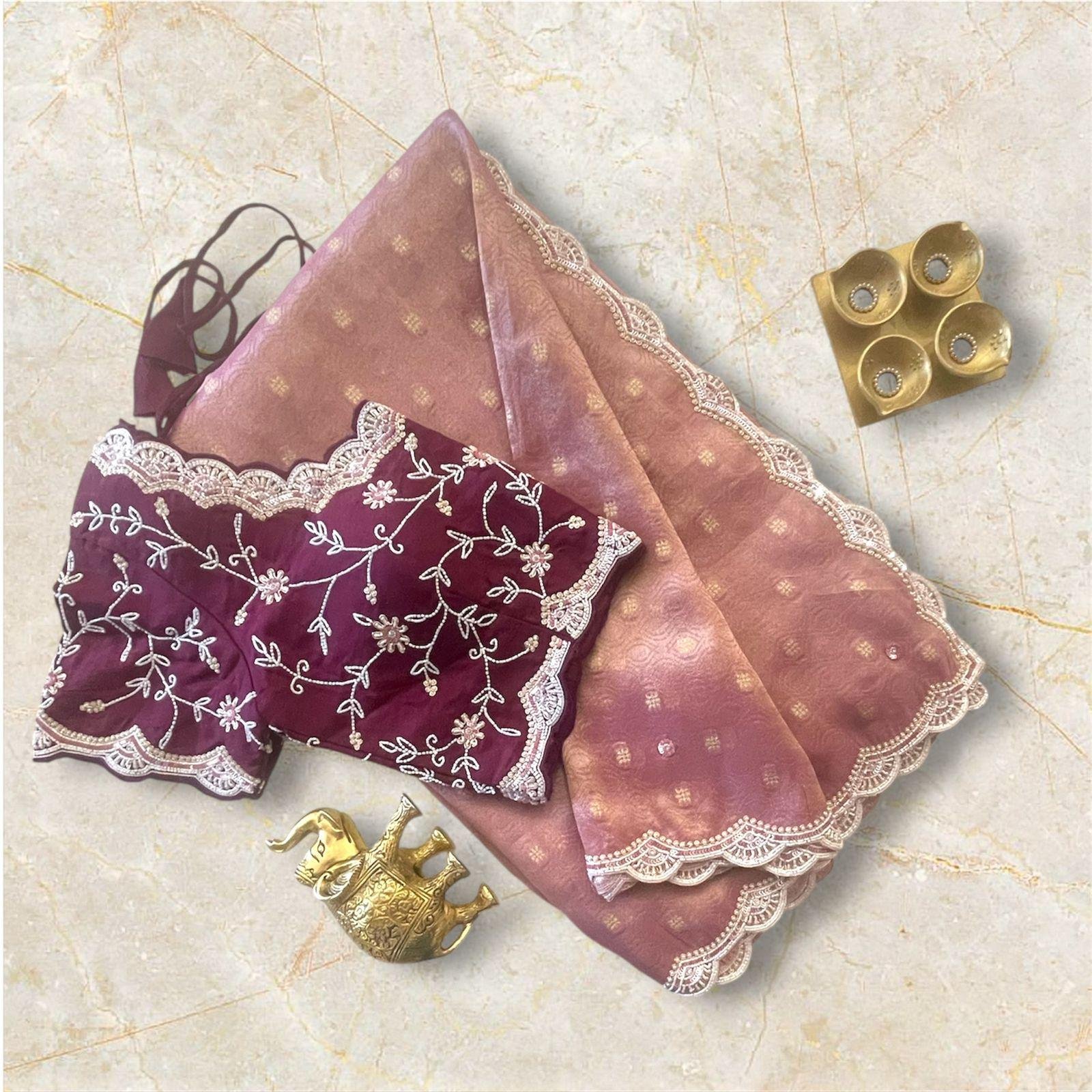 Maroon Embroidered Blouse with Blush-Pink Saree
