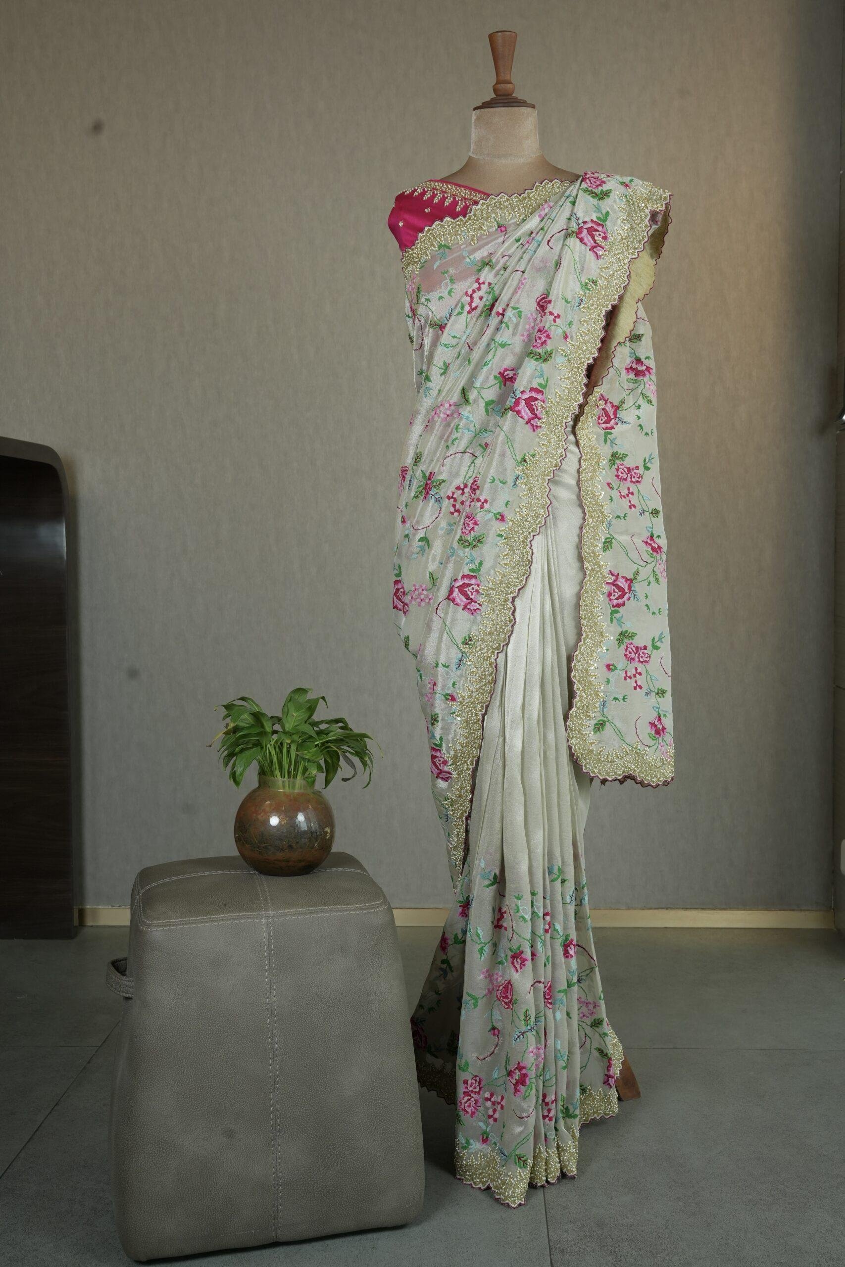 TISSUE SILK SAREE WITH CROSS STICH WORK