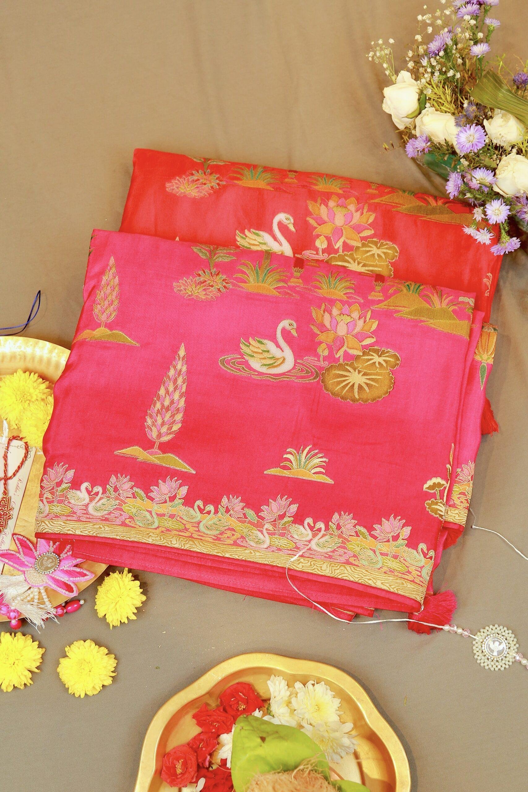 Rankat silk Banarasi saree with fine embroidery weaving.