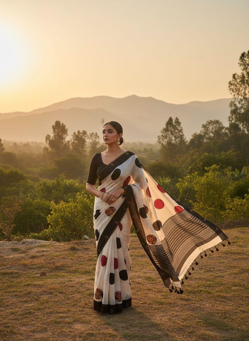 cream cotton saree featuring large black and red polka dots SAREE
