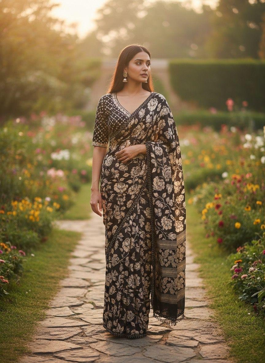 black and gold floral-printed saree