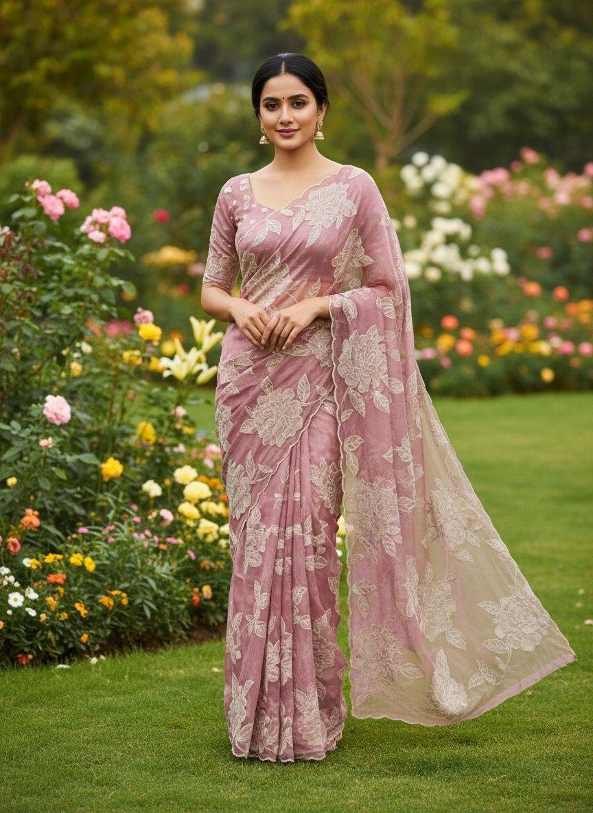blush pink organza saree