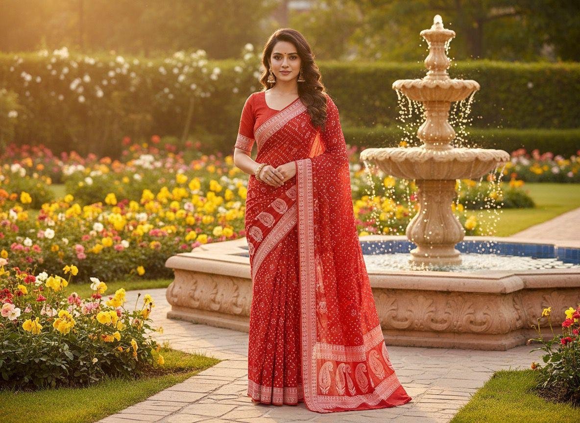 red georgette bandani saree