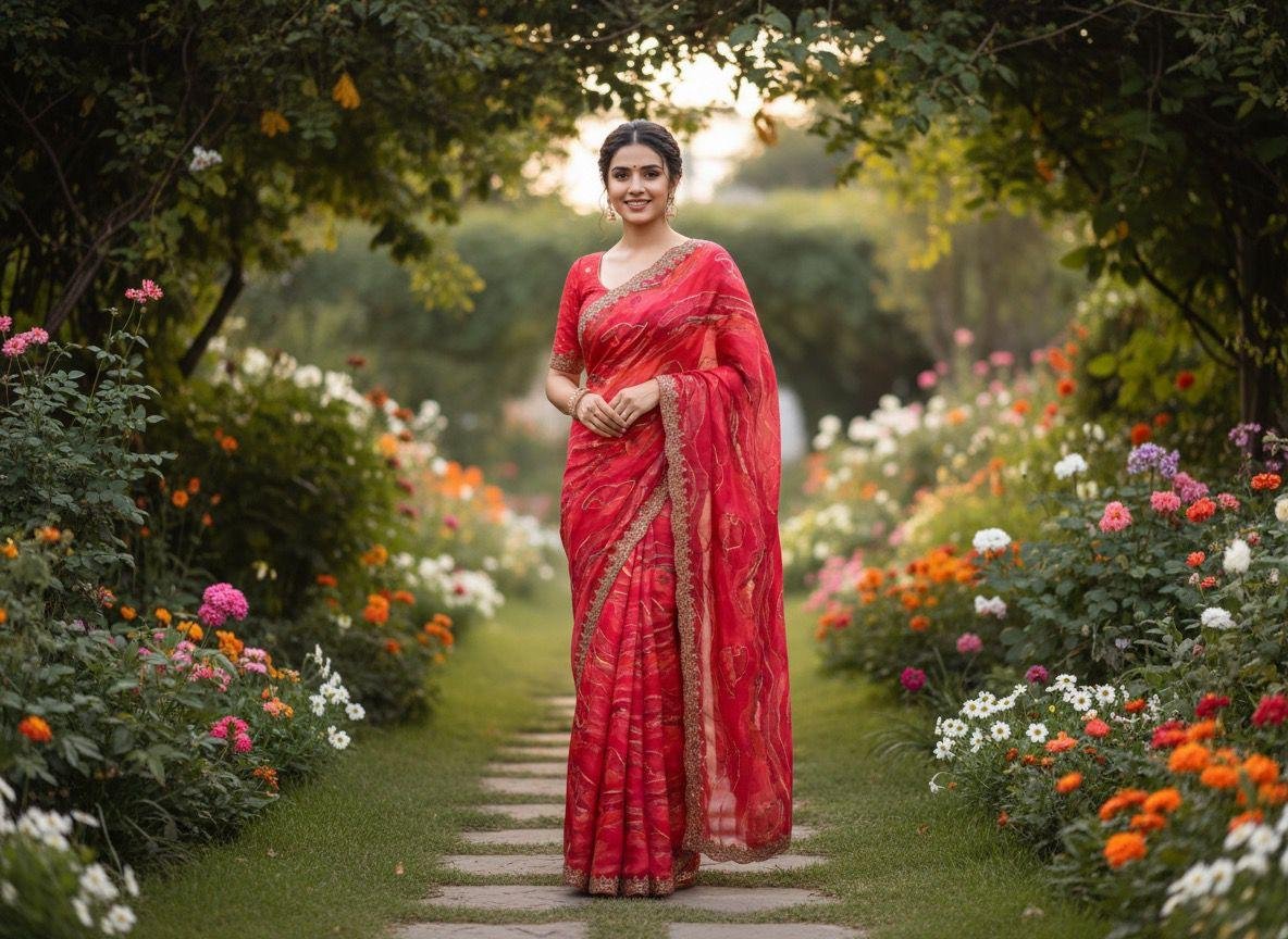 red organza antic beats saree