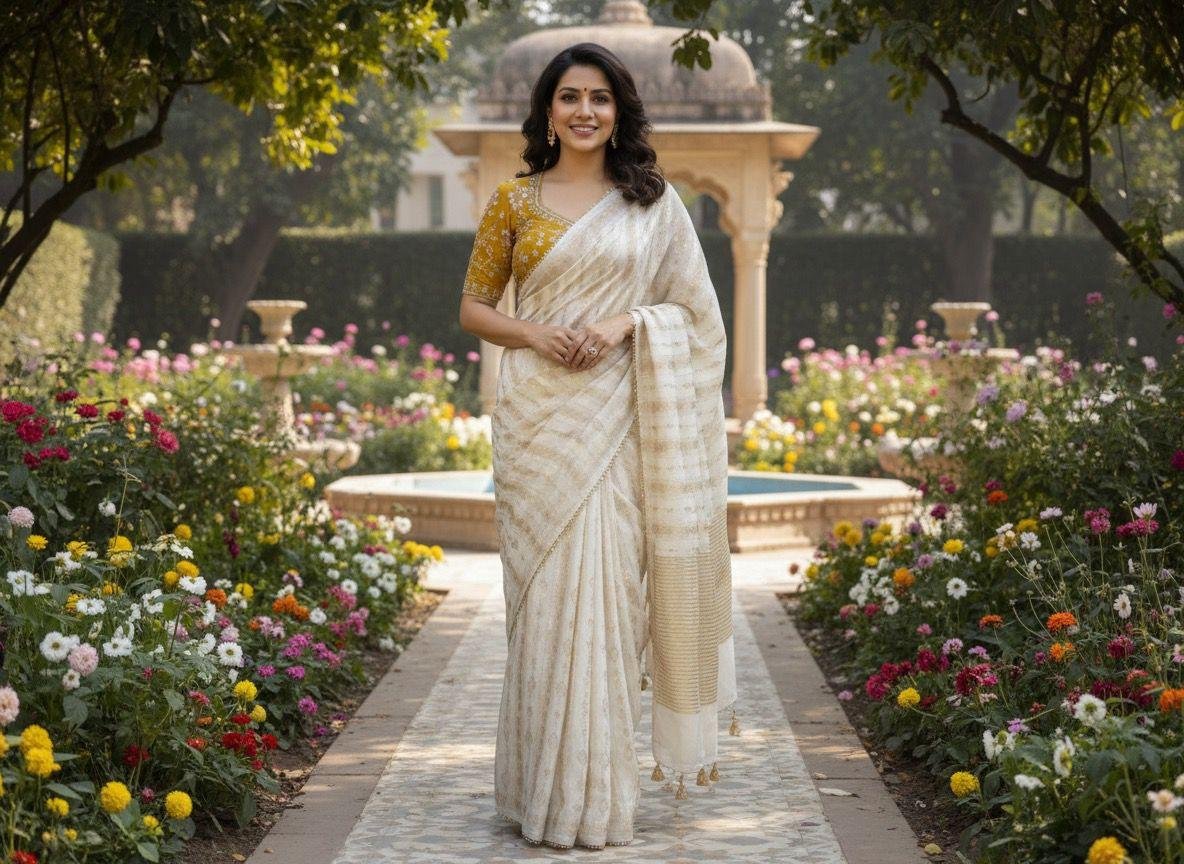 off-white or cream-colored Chanderi or cotton-silk blend saree