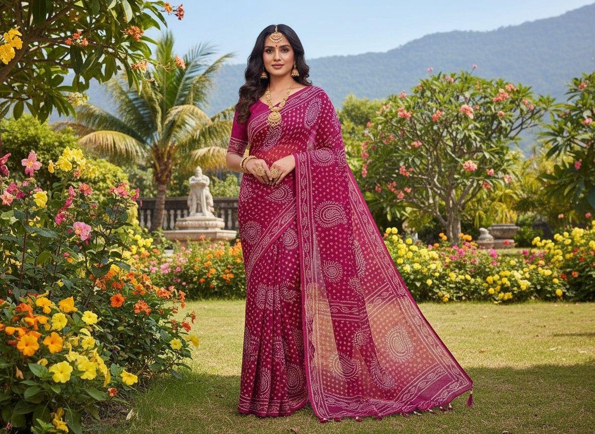 magenta bandhani printed saree