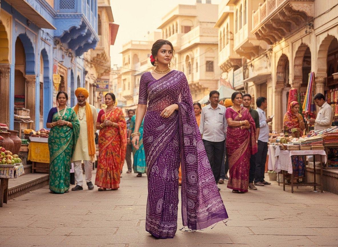 purple bandhani printed saree