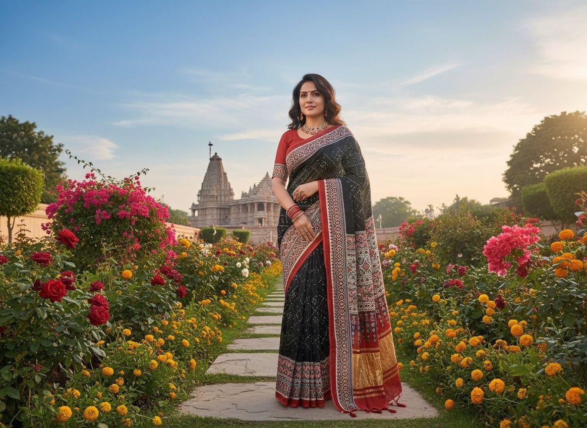 black bandhani printed saree