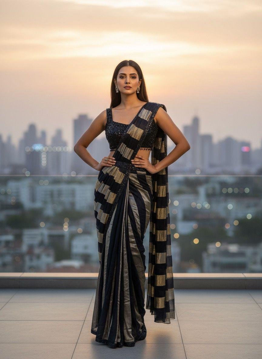 pre-draped black and gold party wear saree