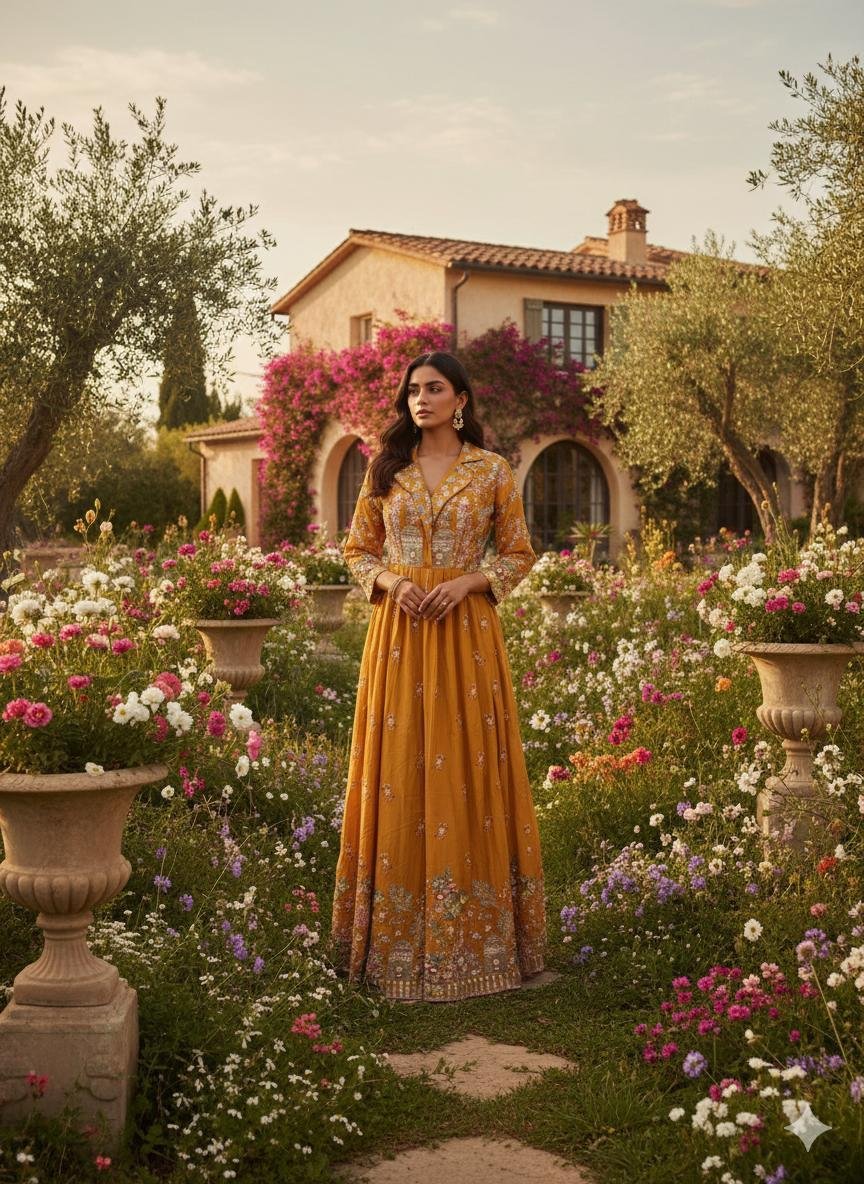 rich mustard yellow anarkali gown