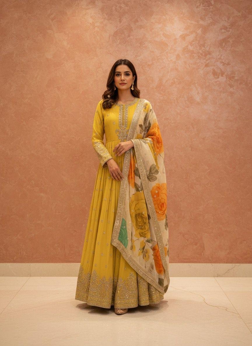mustard yellow Anarkali suit with a vibrant floral printed dupatta